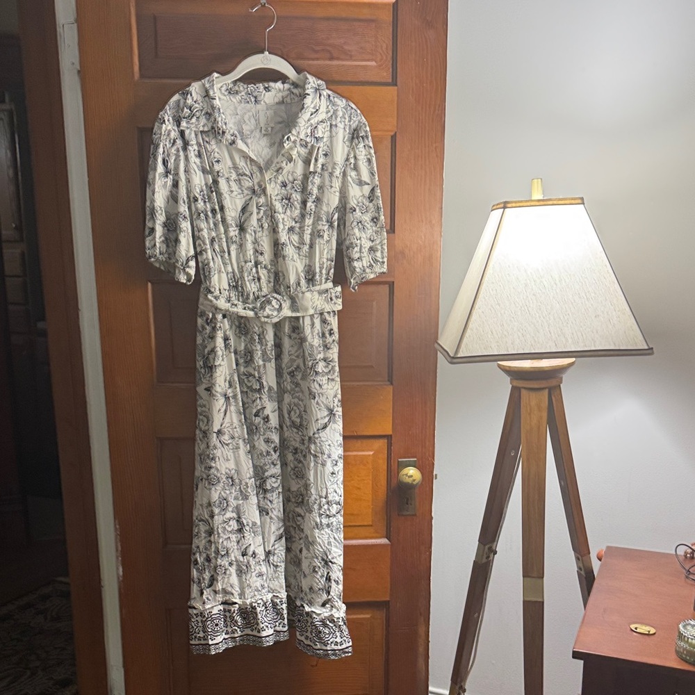 Joie Cream and Black Floral Midi Dress with Belt